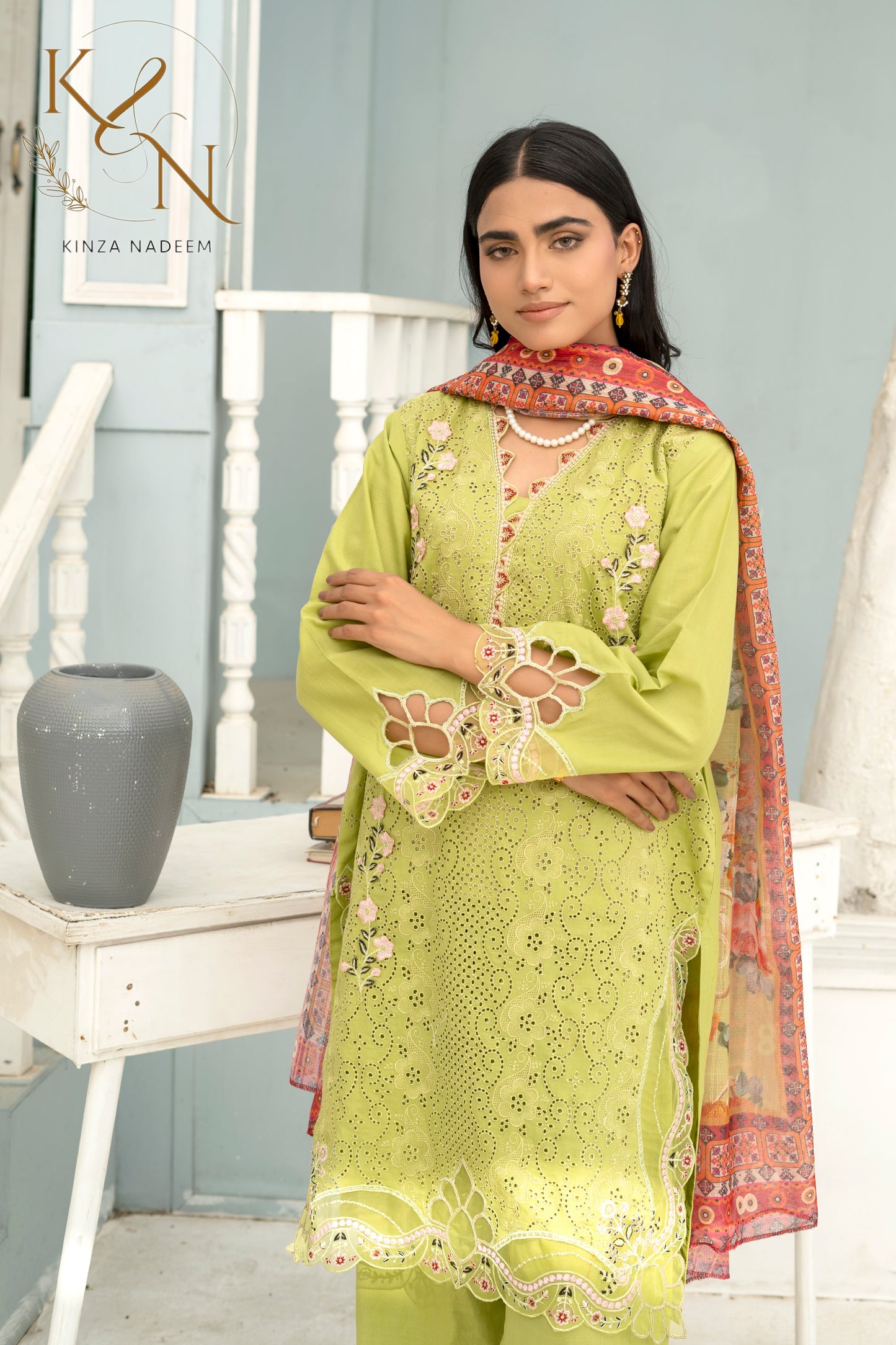 Lime-Green Embroided 3-PC