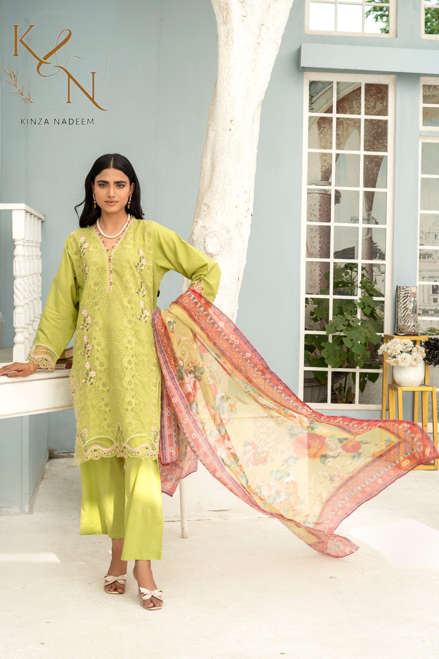 Lime-Green Embroided 3-PC