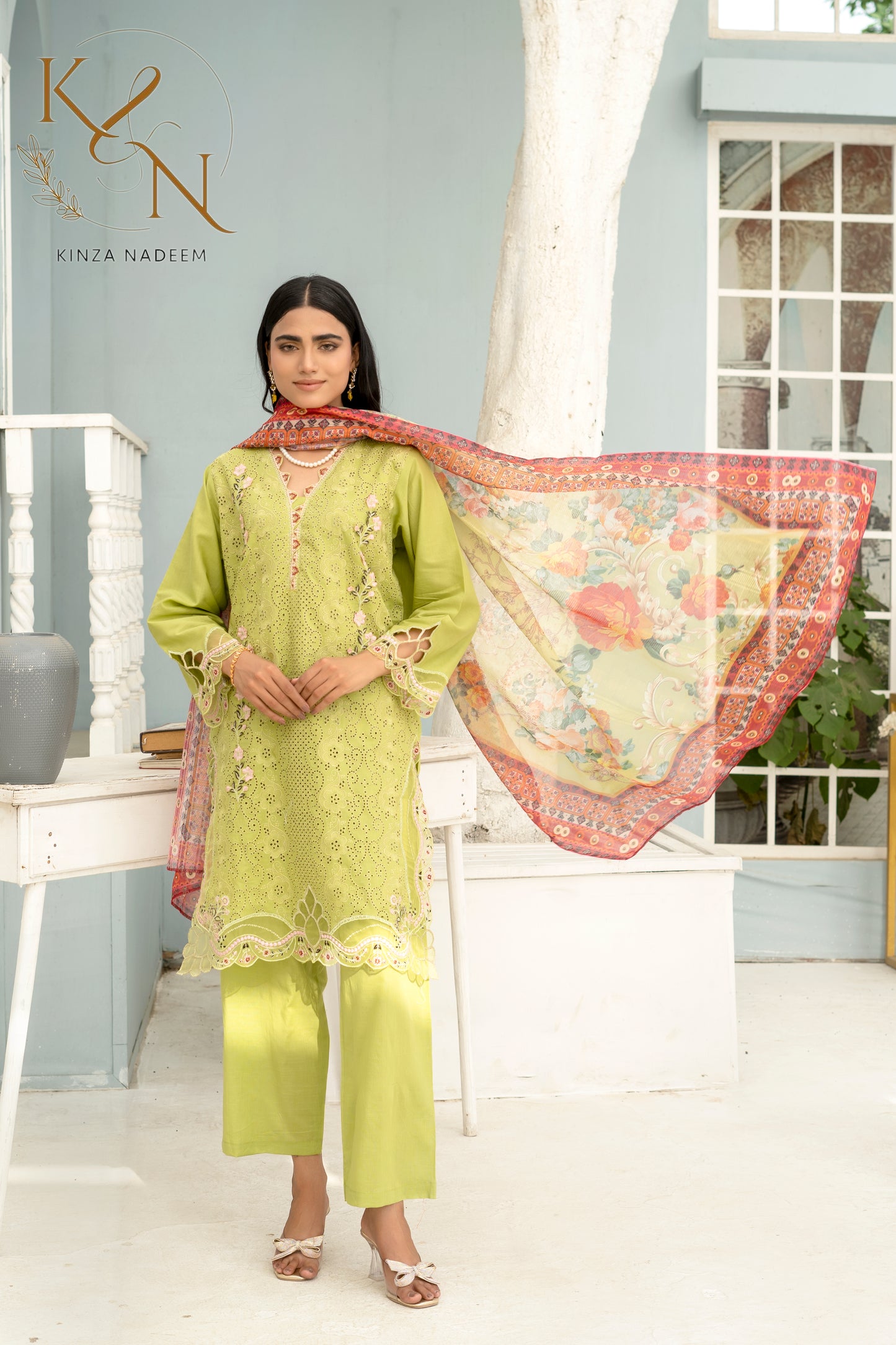 Lime-Green Embroided 3-PC