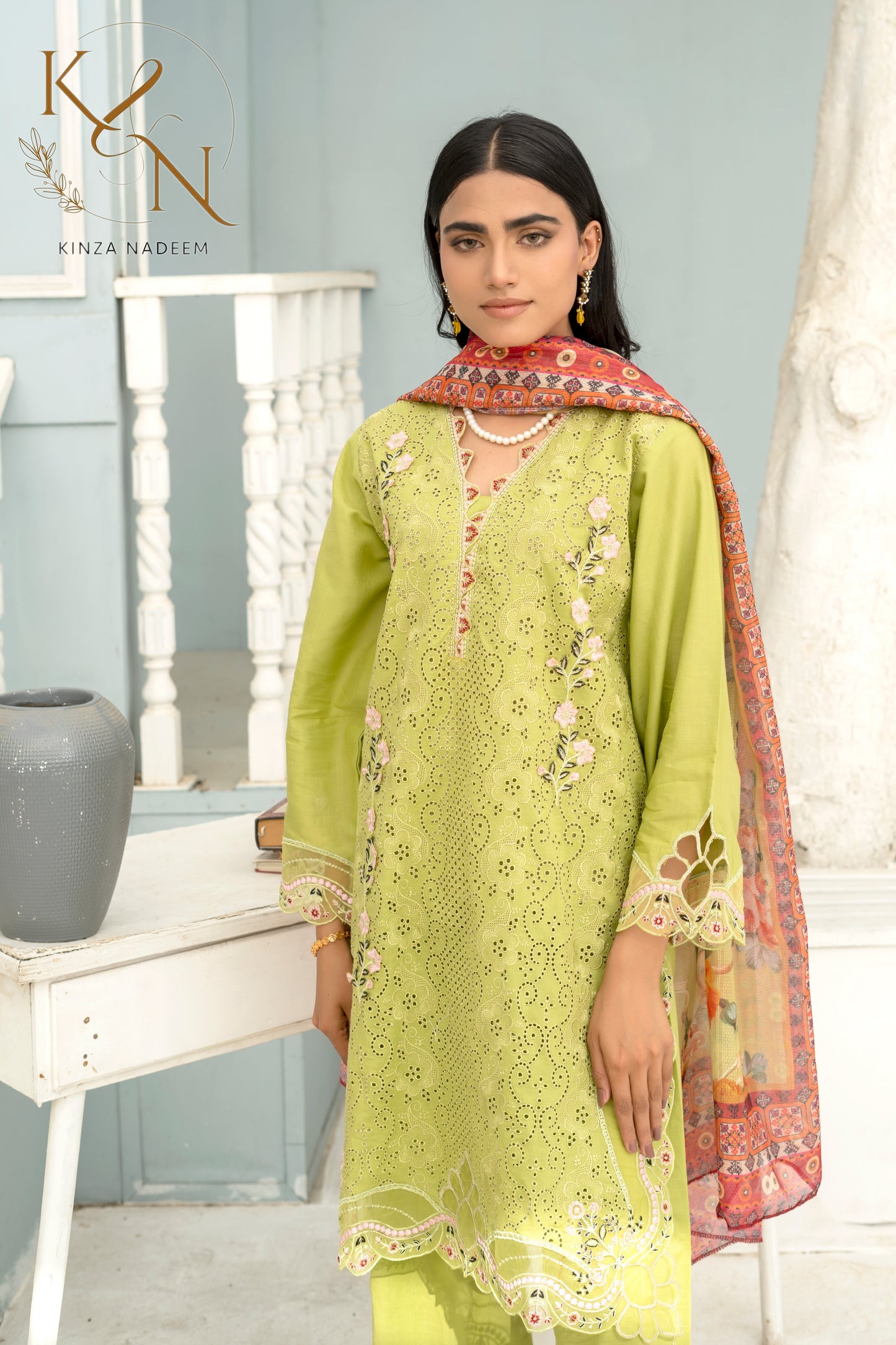 Lime-Green Embroided 3-PC