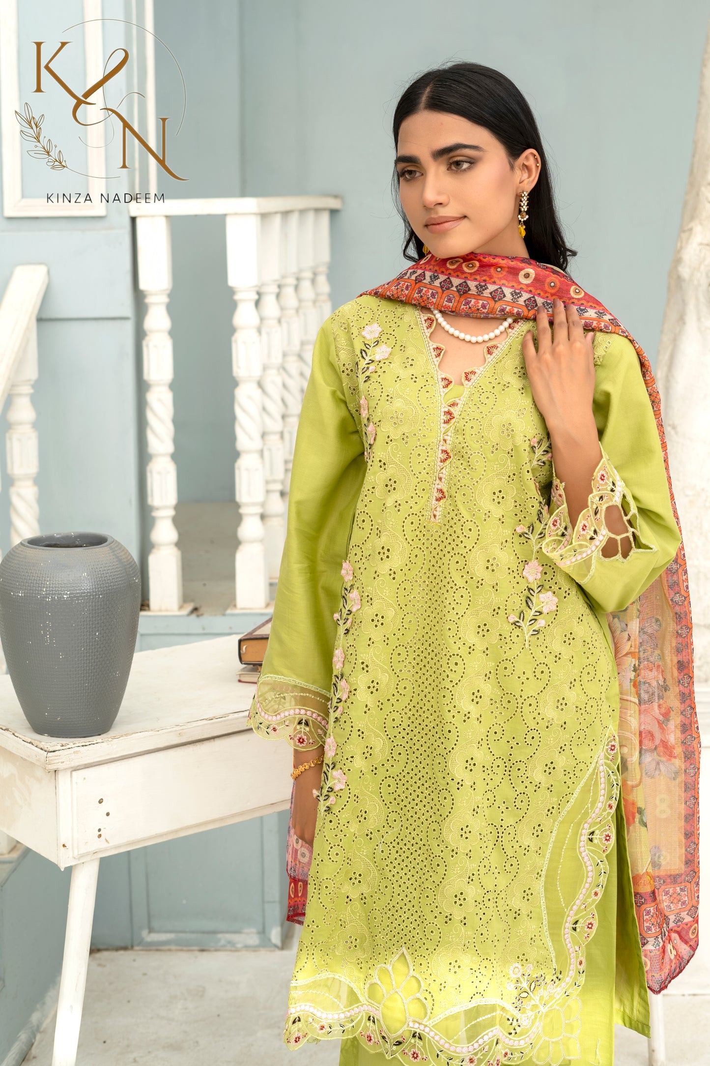 Lime-Green Embroided 3-PC