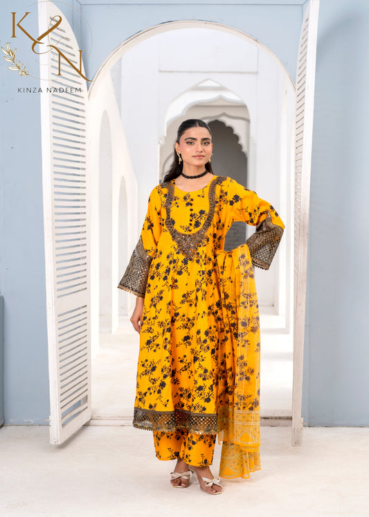 3-PC Embroidered Lawn Frock
